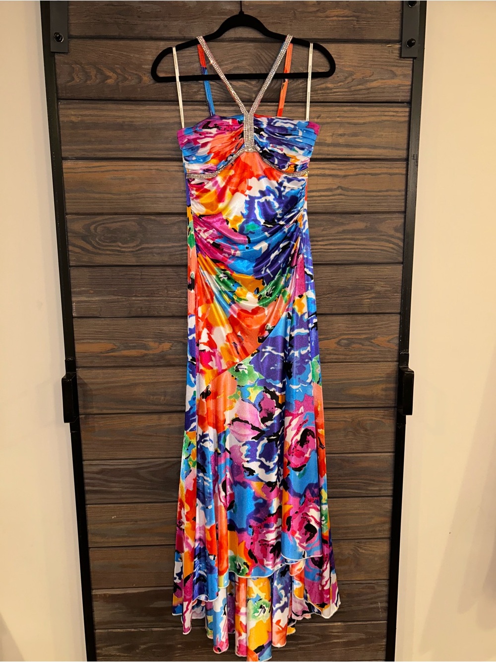 Jodi Kristopher Multicolor Floral High-Low Evening Dress with Embellished Straps